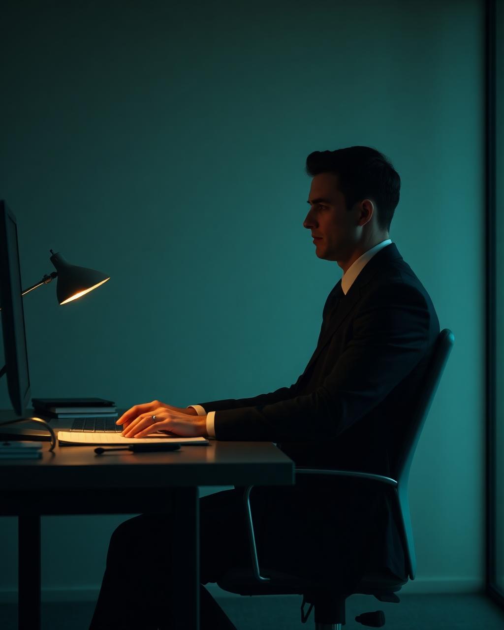 A legal professional working with focus in low light